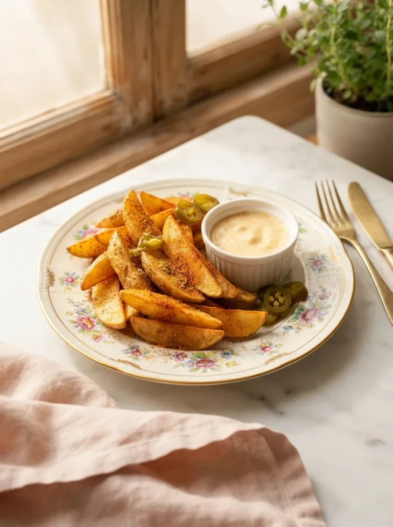 Golden crispy potato olés piled on a floral gold-rim plate with warm queso cheese sauce for dipping