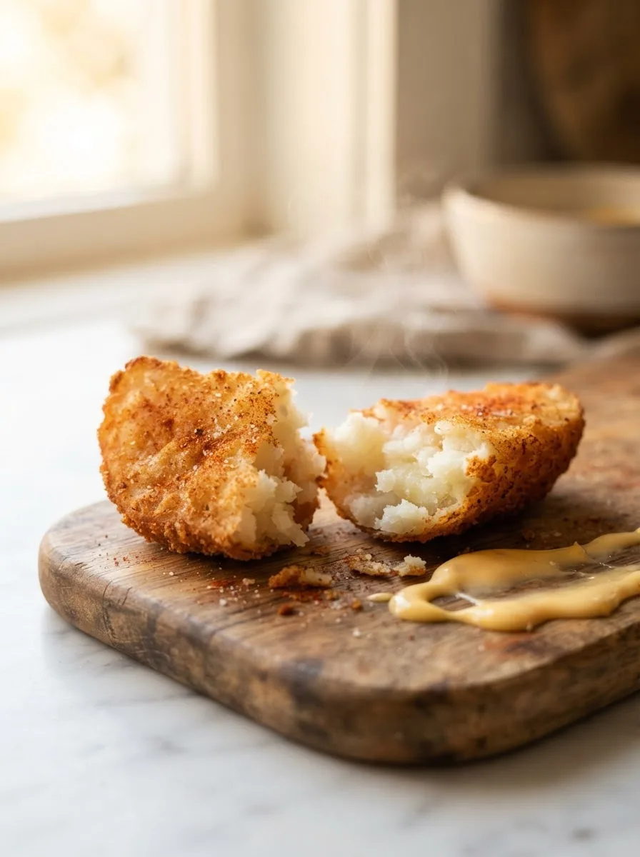 Potato olé wedge broken in half showing crackly seasoned exterior and steaming tender interior