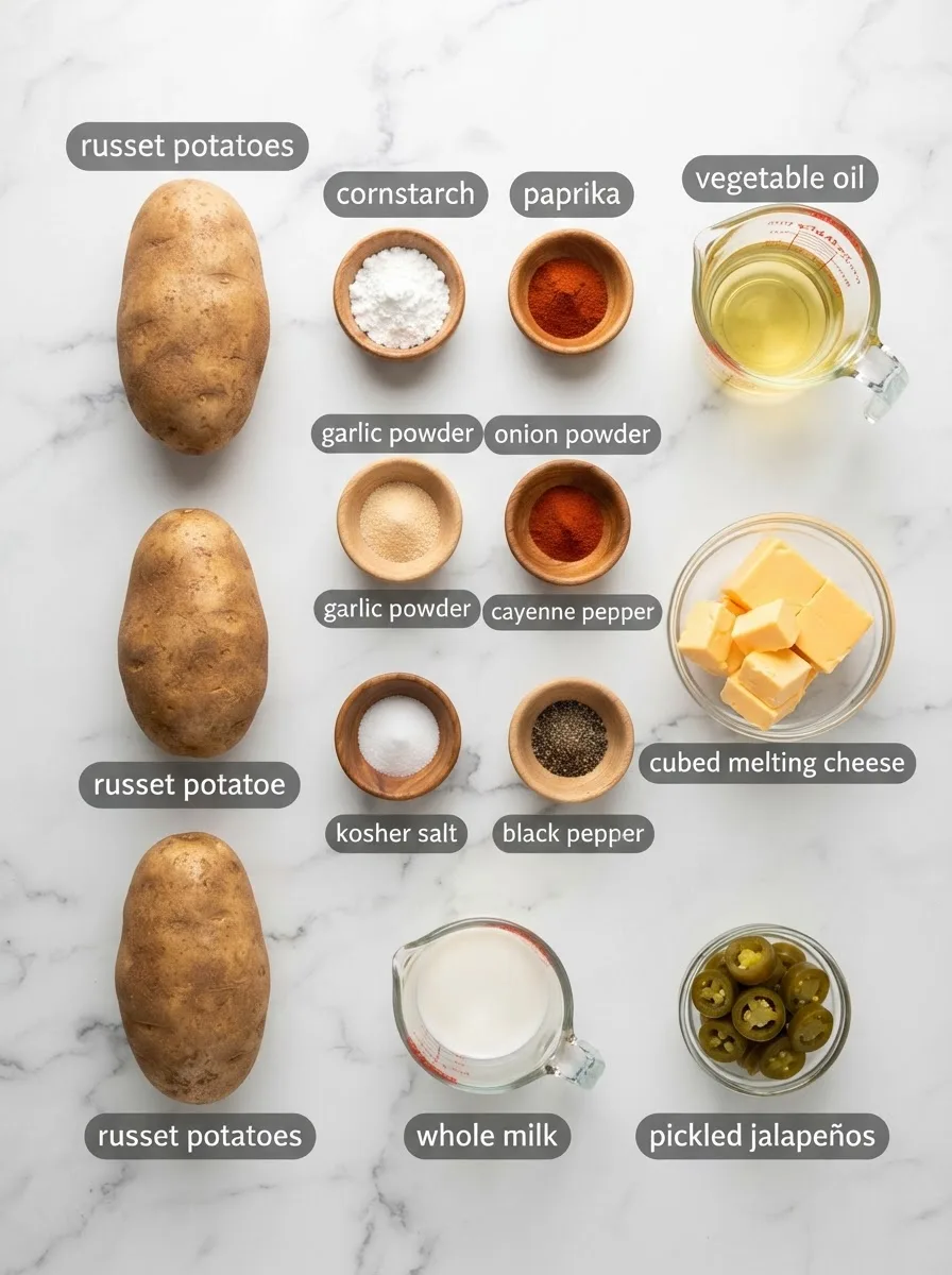 Ingredients for potato oles arranged on marble including russet potatoes, cornstarch, spices, and cheese