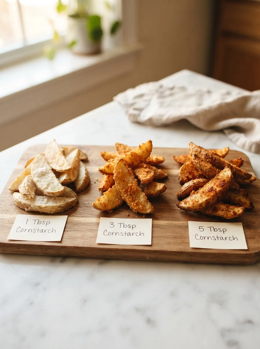 Three test batches of potato oles comparing coating thickness at different cornstarch amounts