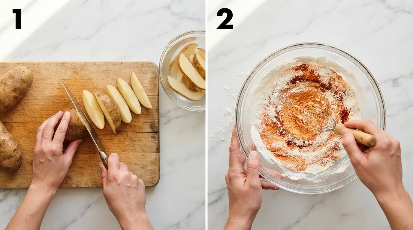 Hands cutting russet potato into thick wedges on a wooden cutting board / Whisking cornstarch and seasoning together in a glass bowl for potato oles coating