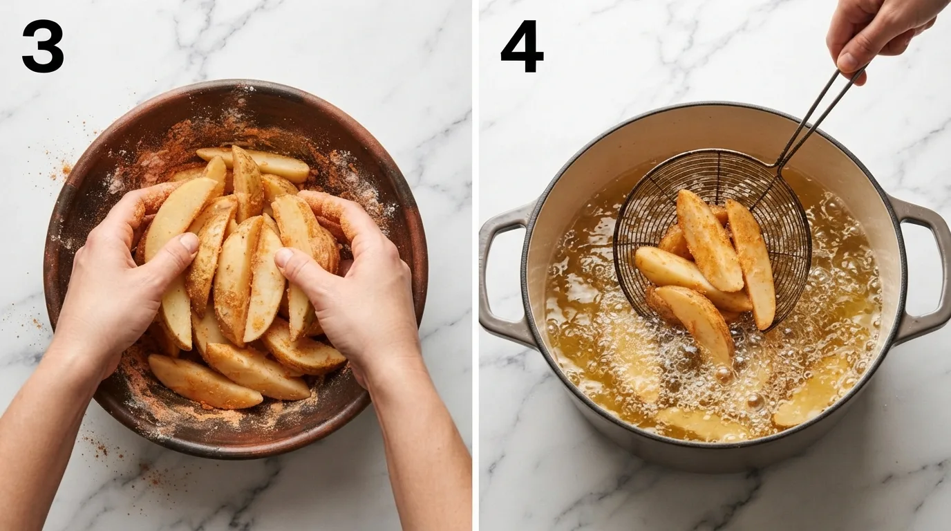 Tossing potato wedges in seasoned cornstarch coating in a glass bowl / Lowering coated potato wedges into hot oil for the first fry