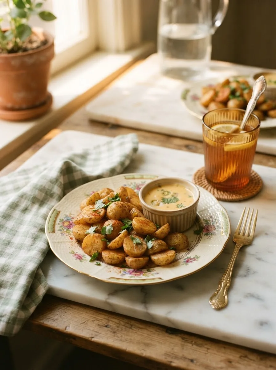 Potato oles served with queso cheese sauce on a floral gold-rim plate at a styled table setting