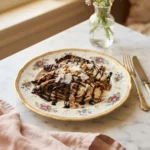 Grilled radicchio recipe with balsamic glaze, shaved parmesan, and walnuts on a floral gold-rim plate