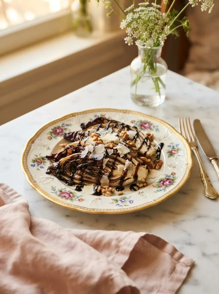 Grilled radicchio recipe with balsamic glaze, shaved parmesan, and walnuts on a floral gold-rim plate