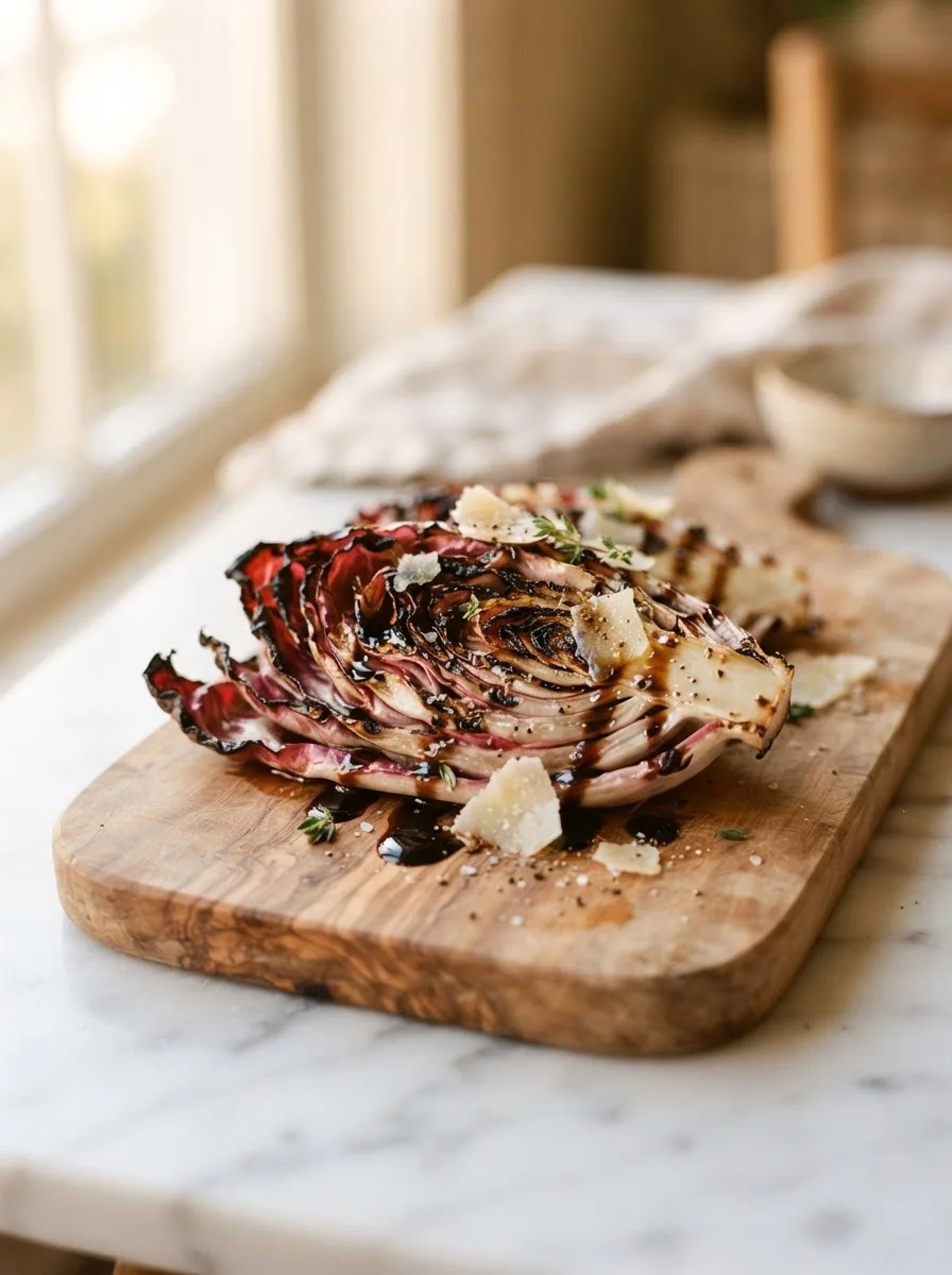 Close-up cross-section of grilled radicchio showing charred edges and vibrant magenta interior