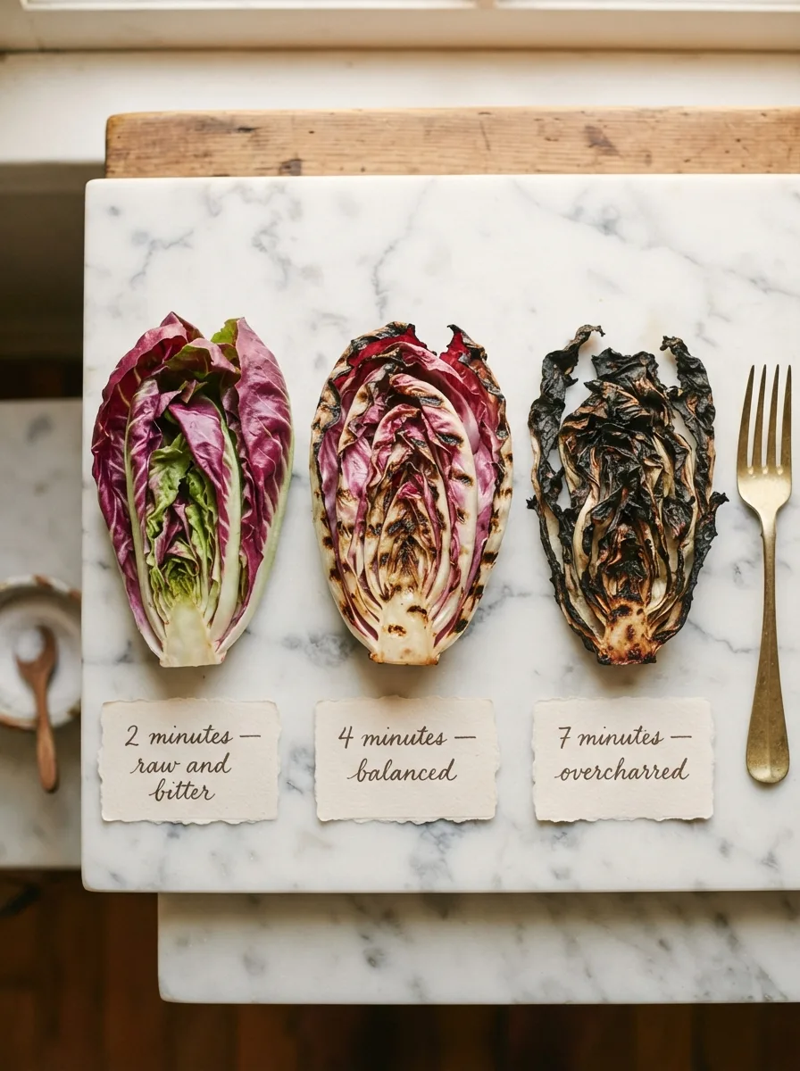 Grilled radicchio bitterness comparison at 2, 4, and 7 minutes on the grill