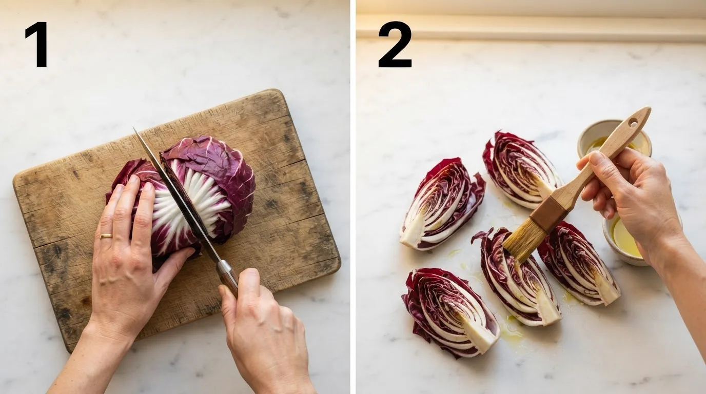 Cutting a head of radicchio into wedges through the core / Brushing olive oil onto radicchio wedges before grilling