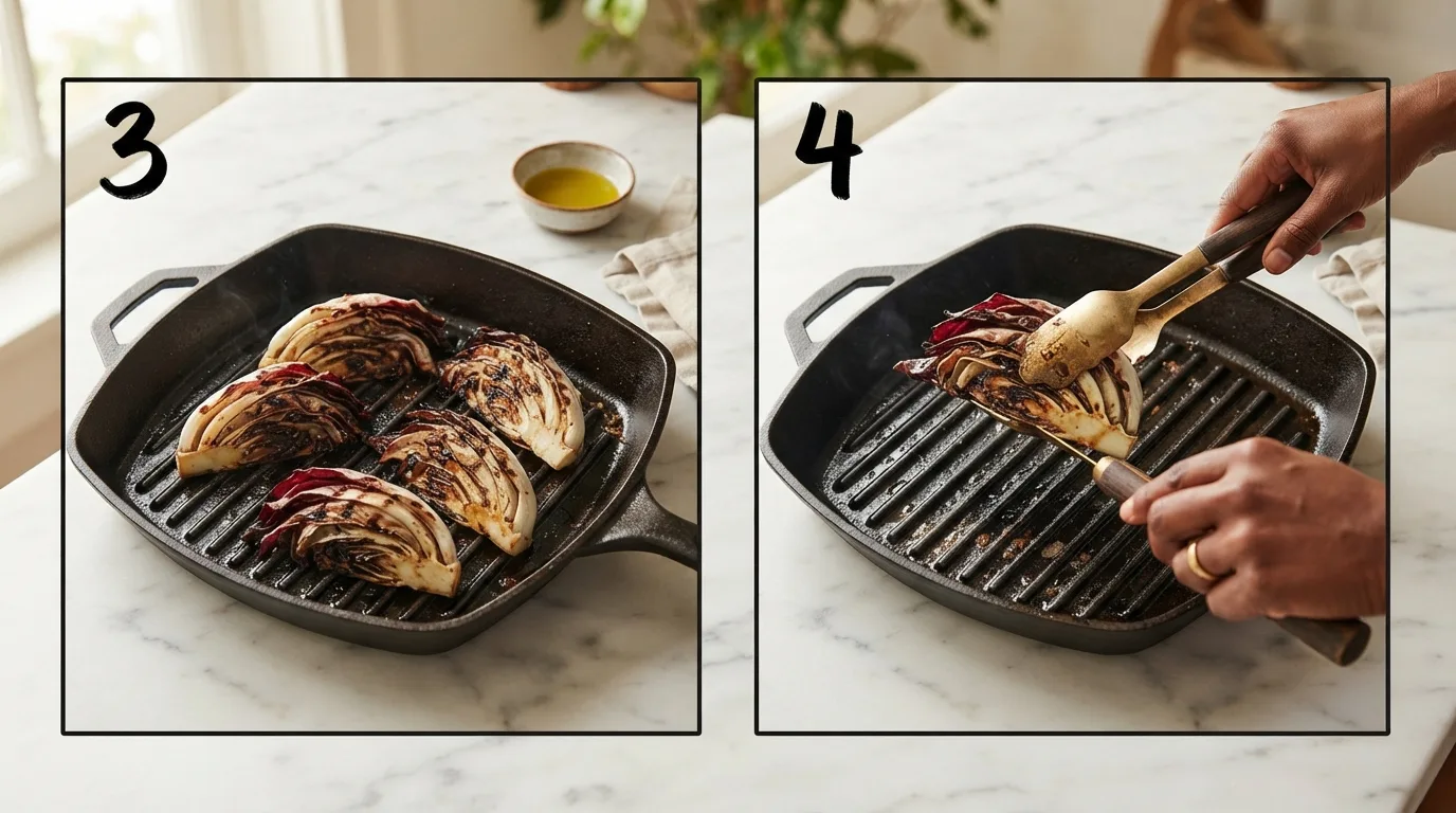 Radicchio wedges charring cut-side down on a hot grill pan / Flipping a radicchio wedge with tongs on the grill