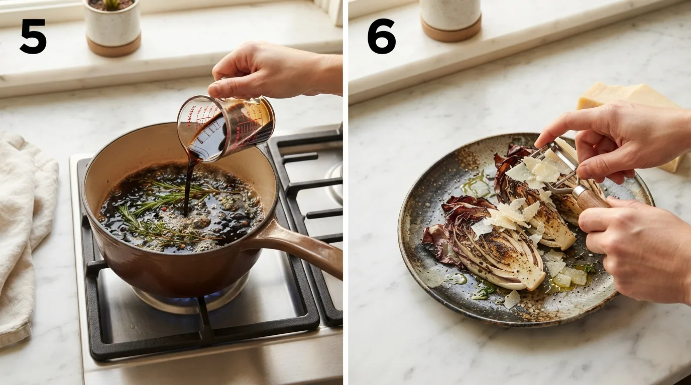 Pouring balsamic vinegar into a saucepan to reduce into a glaze / Shaving parmesan over warm grilled radicchio wedges