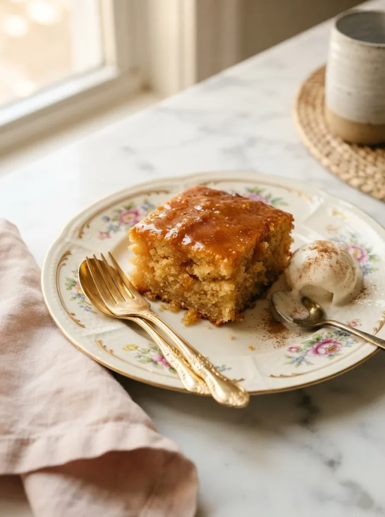 Golden sol agave butter cake slice soaked in warm agave-butter glaze on a floral plate