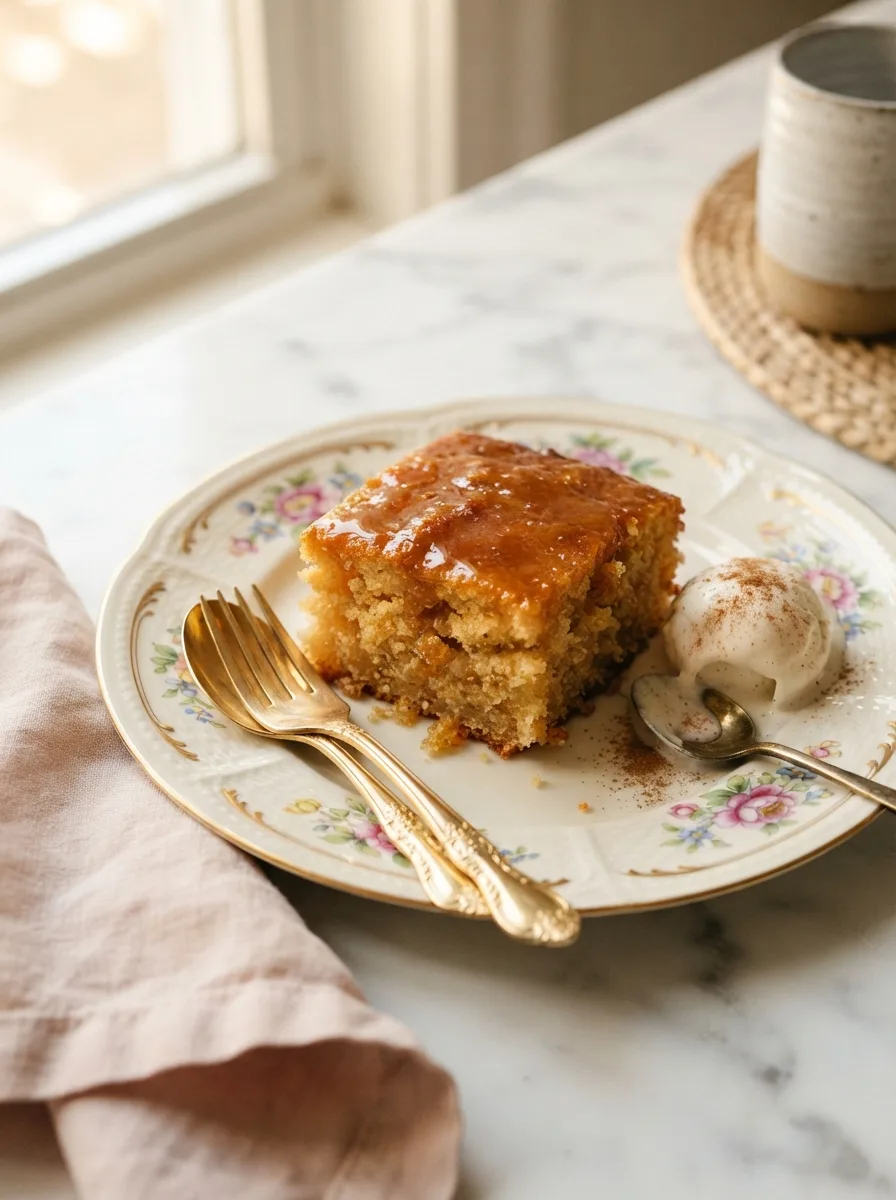 Golden sol agave butter cake slice soaked in warm agave-butter glaze on a floral plate