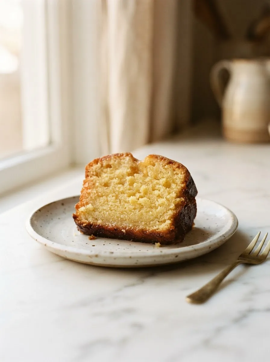 Cross-section of butter cake showing the glaze-soaked crumb and caramelized base
