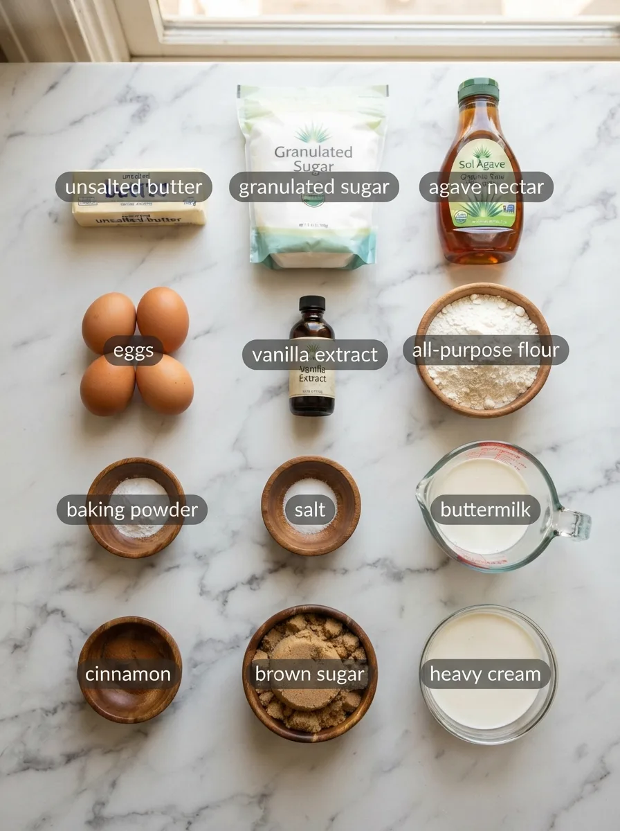 Ingredients for sol agave butter cake recipe measured into bowls on marble