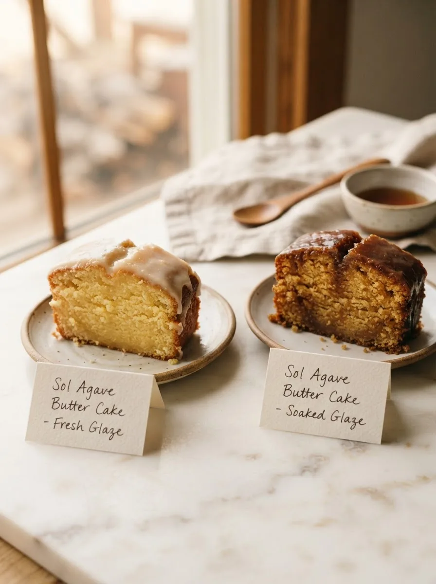 Comparison of butter cake with glaze sitting on top versus glaze soaked through