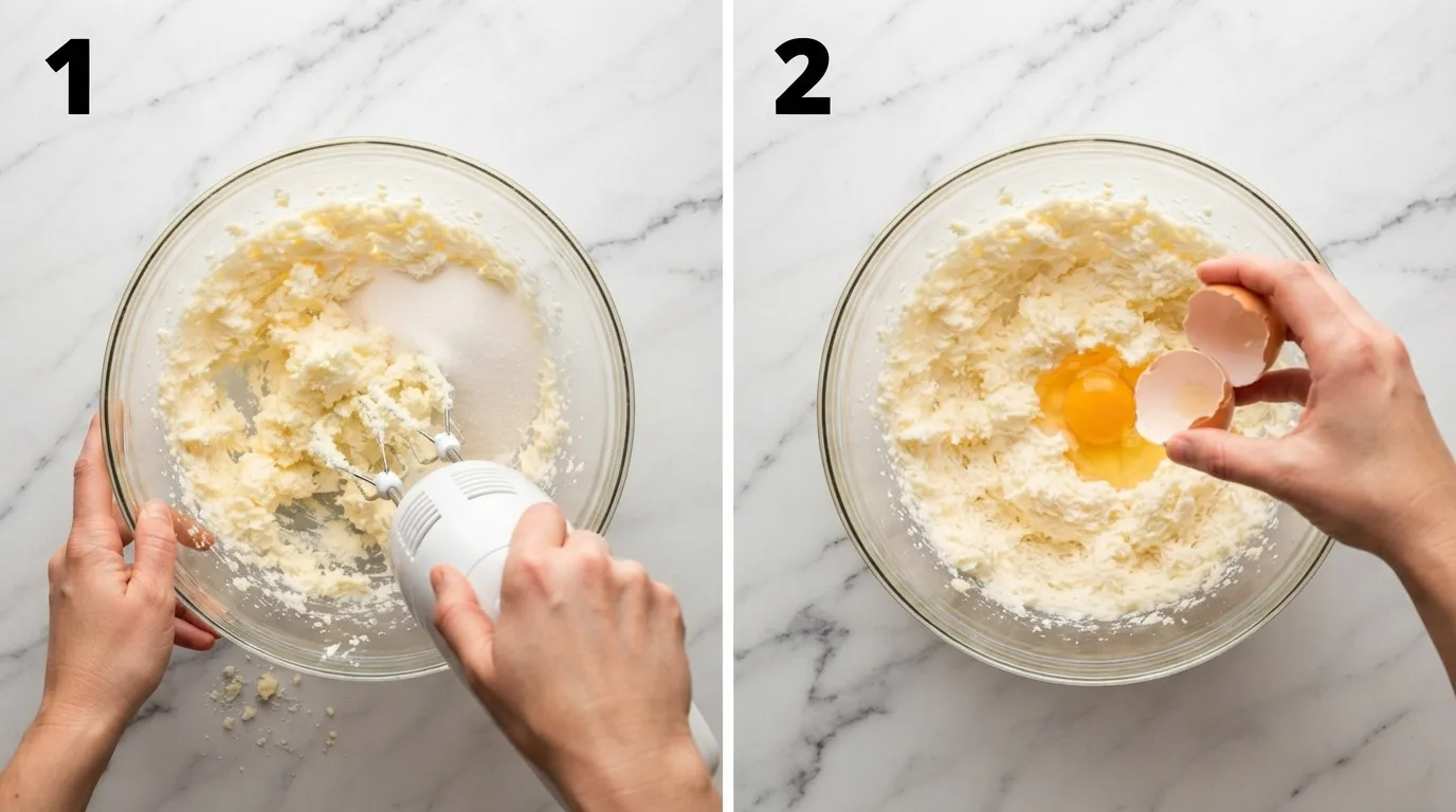 Creaming butter and sugar until pale and fluffy in a glass bowl / Cracking an egg into fluffy creamed butter for cake batter
