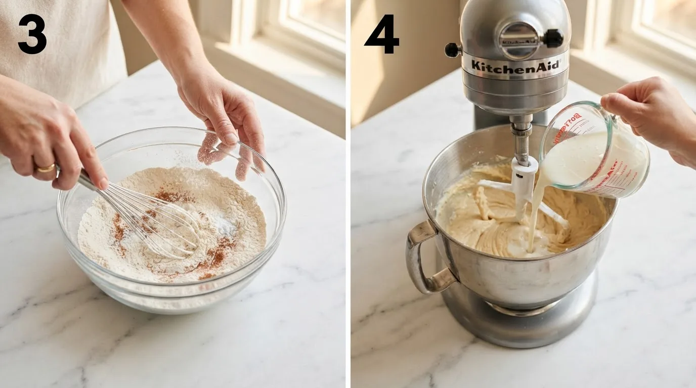 Whisking flour, baking powder, salt, and cinnamon in a glass bowl / Pouring buttermilk into cake batter from a glass measuring cup