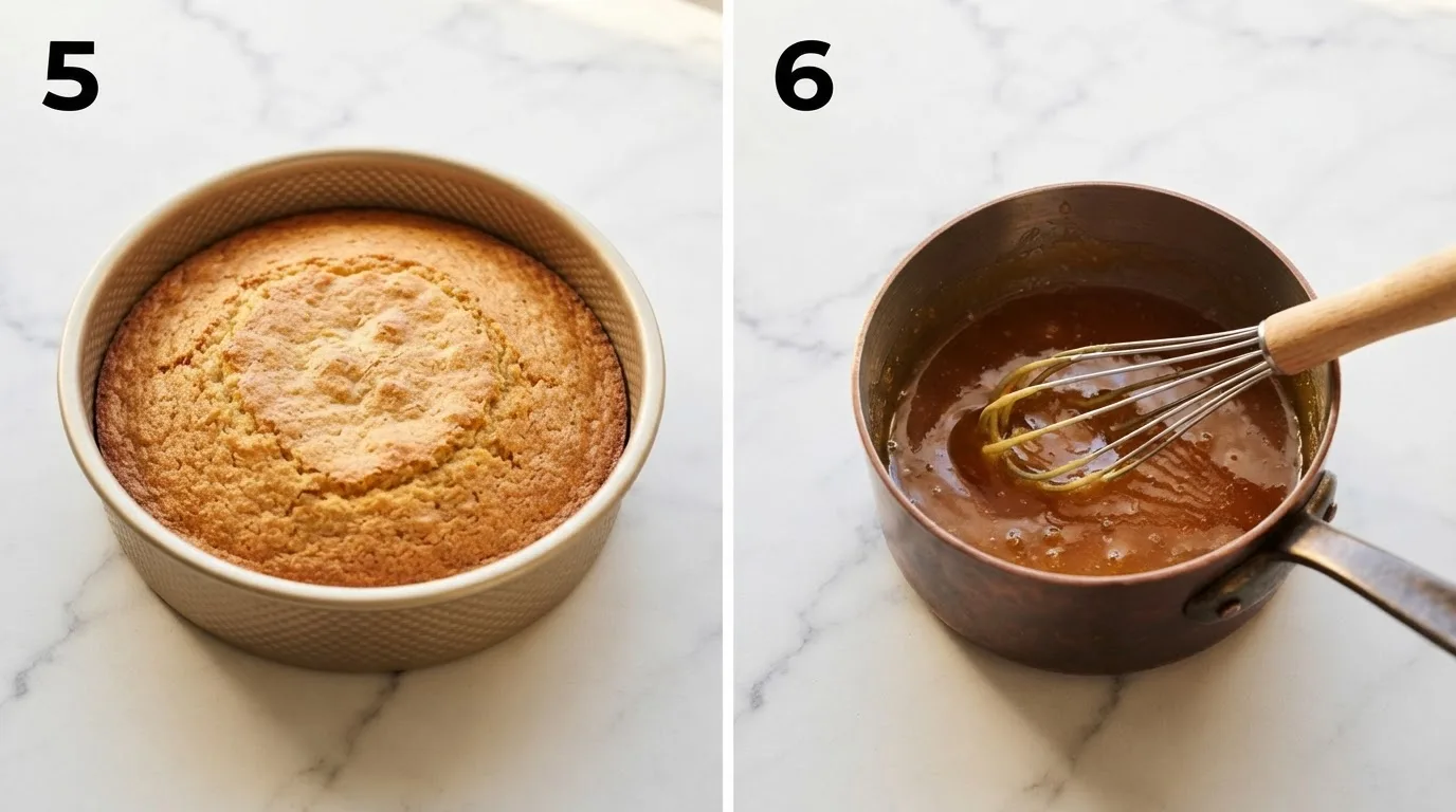 Golden baked butter cake fresh out of the oven in a gold pan / Whisking warm amber agave-butter glaze in a saucepan