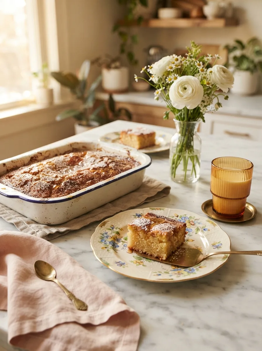 Sol agave butter cake table scene with glass of milk and fresh flowers