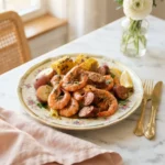 Stalekracker shrimp boil piled on a plate with buttery shrimp, corn, potatoes, and sausage