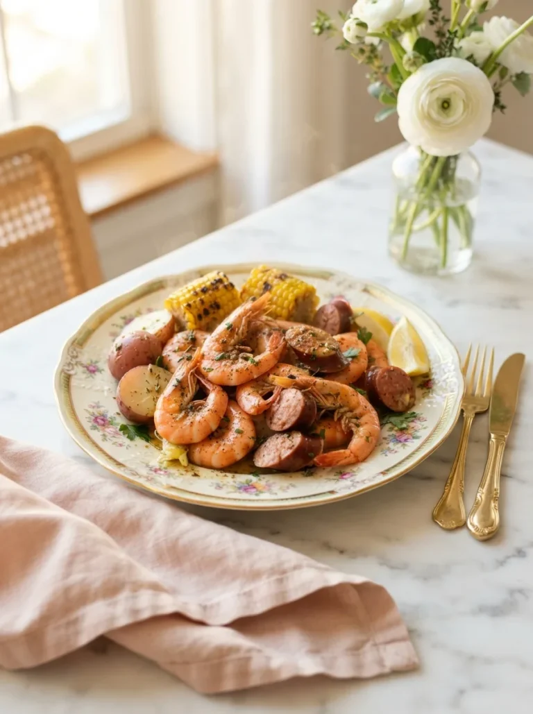 Stalekracker shrimp boil piled on a plate with buttery shrimp, corn, potatoes, and sausage