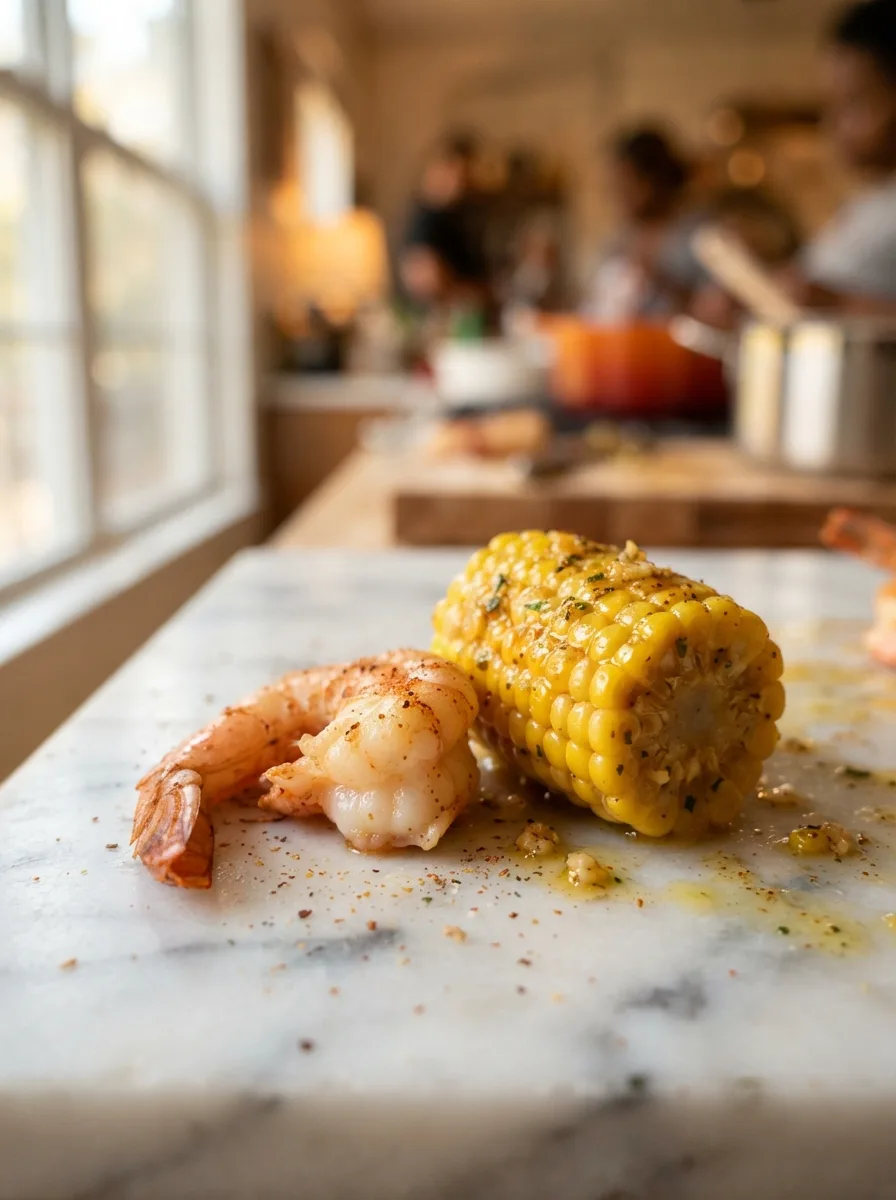 Close-up of butter-coated corn and a cooked shrimp showing the glossy cajun butter sauce