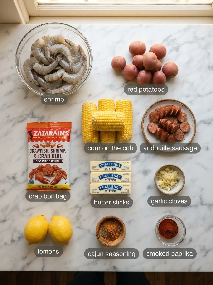 Stalekracker shrimp boil ingredients including shrimp, corn, potatoes, sausage, and butter