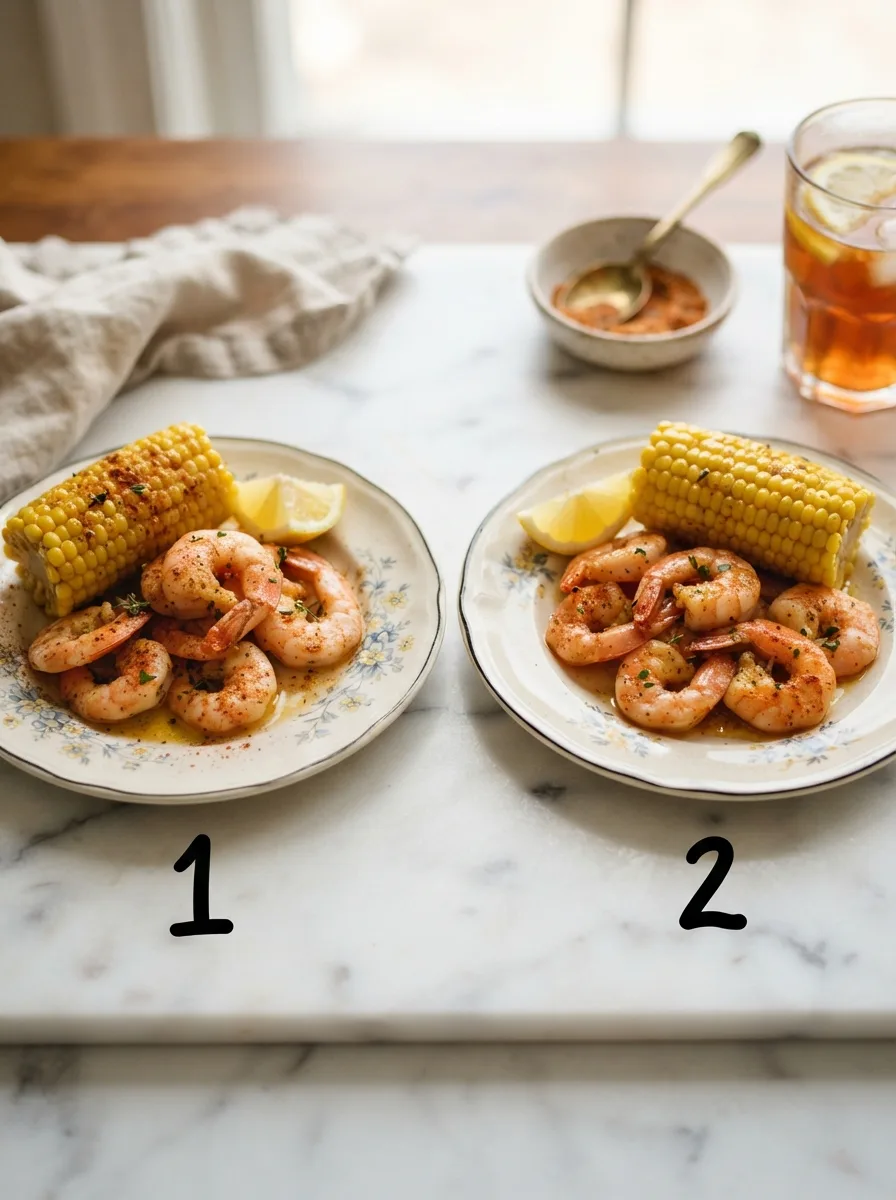 Side-by-side comparison of shrimp boil tossed in a bowl versus shaken in a bag