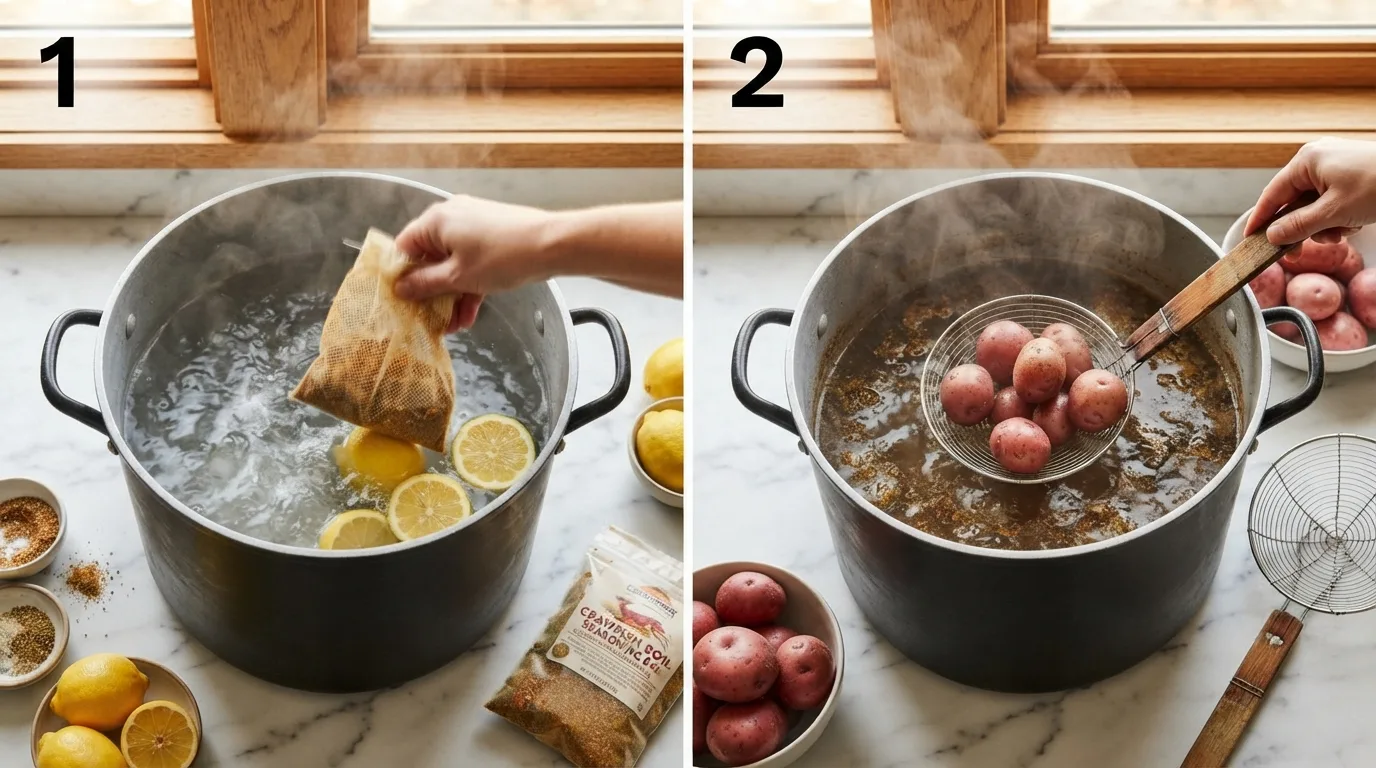 Dropping crab boil seasoning and lemon into a pot of boiling water / Adding red potatoes to seasoned boiling water for shrimp boil