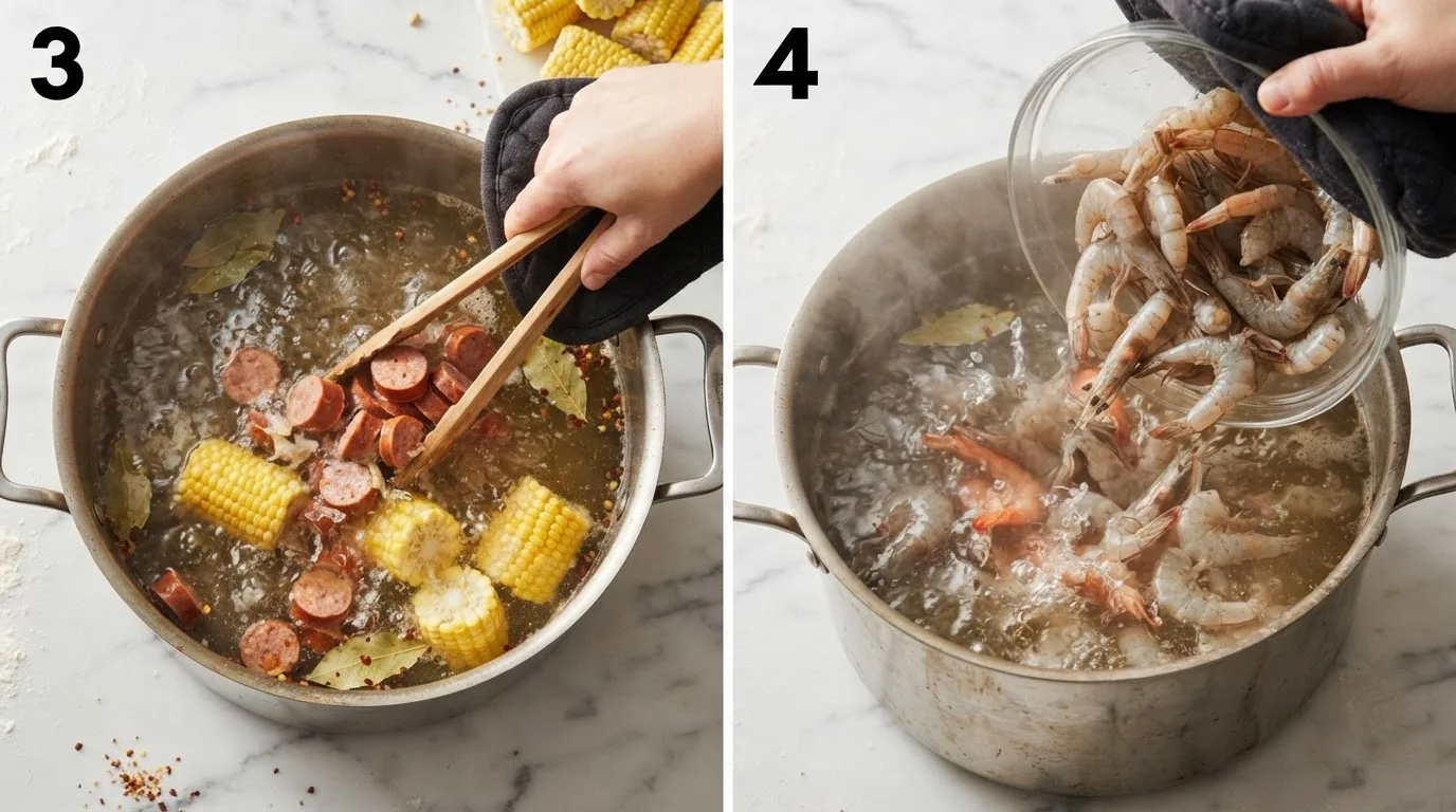 Adding sliced sausage and corn to a pot of seasoned boiling water / Pouring raw shell-on shrimp into the boiling shrimp boil pot
