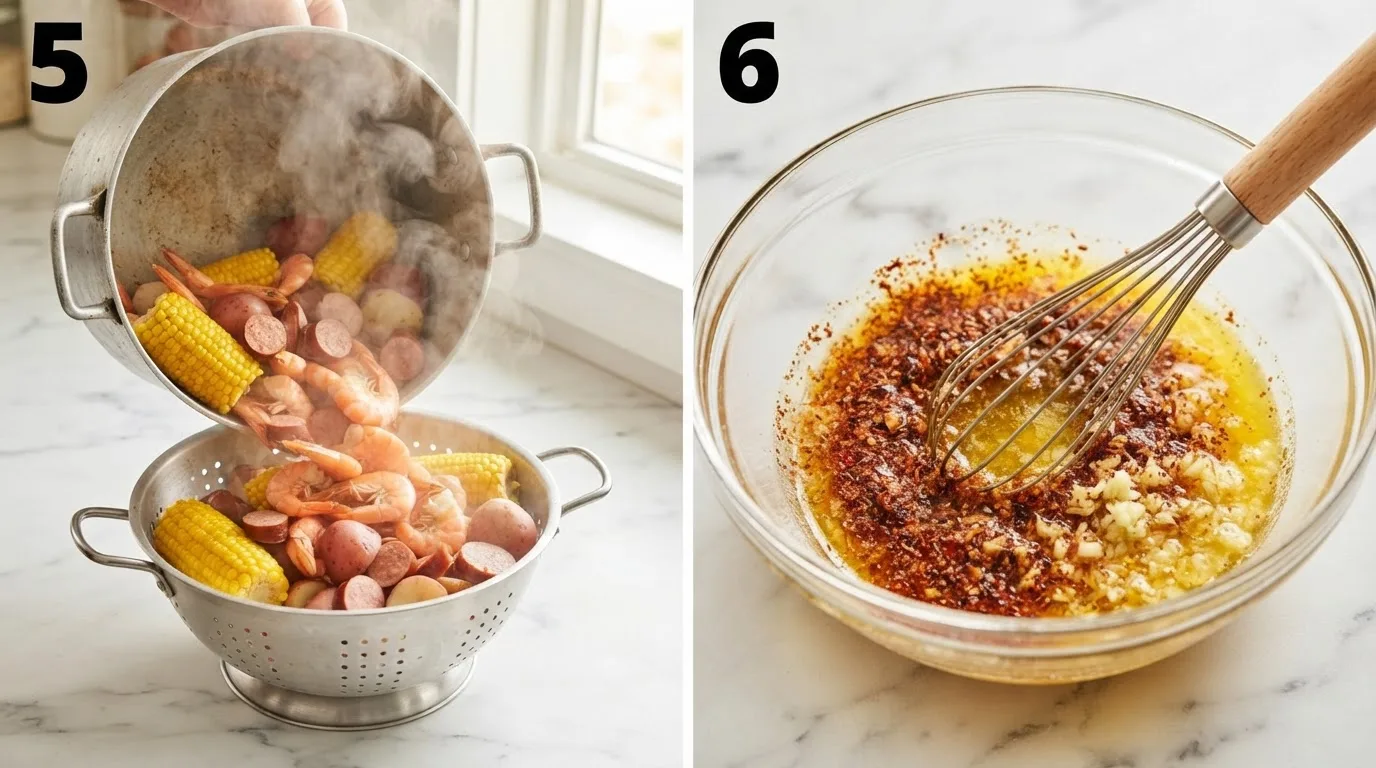 Draining a full pot of shrimp boil ingredients into a colander / Whisking melted butter with cajun seasoning and garlic for shrimp boil sauce