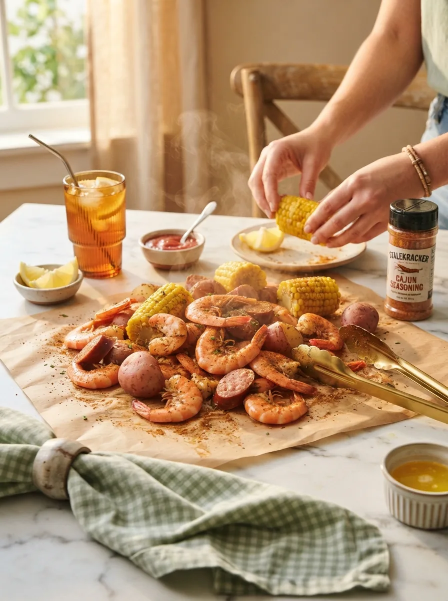 Stalekracker shrimp boil dumped on a table with cocktail sauce and lemon wedges