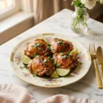 Glossy sticky cilantro lime chicken thighs with lacquered glaze on a floral gold-rim plate