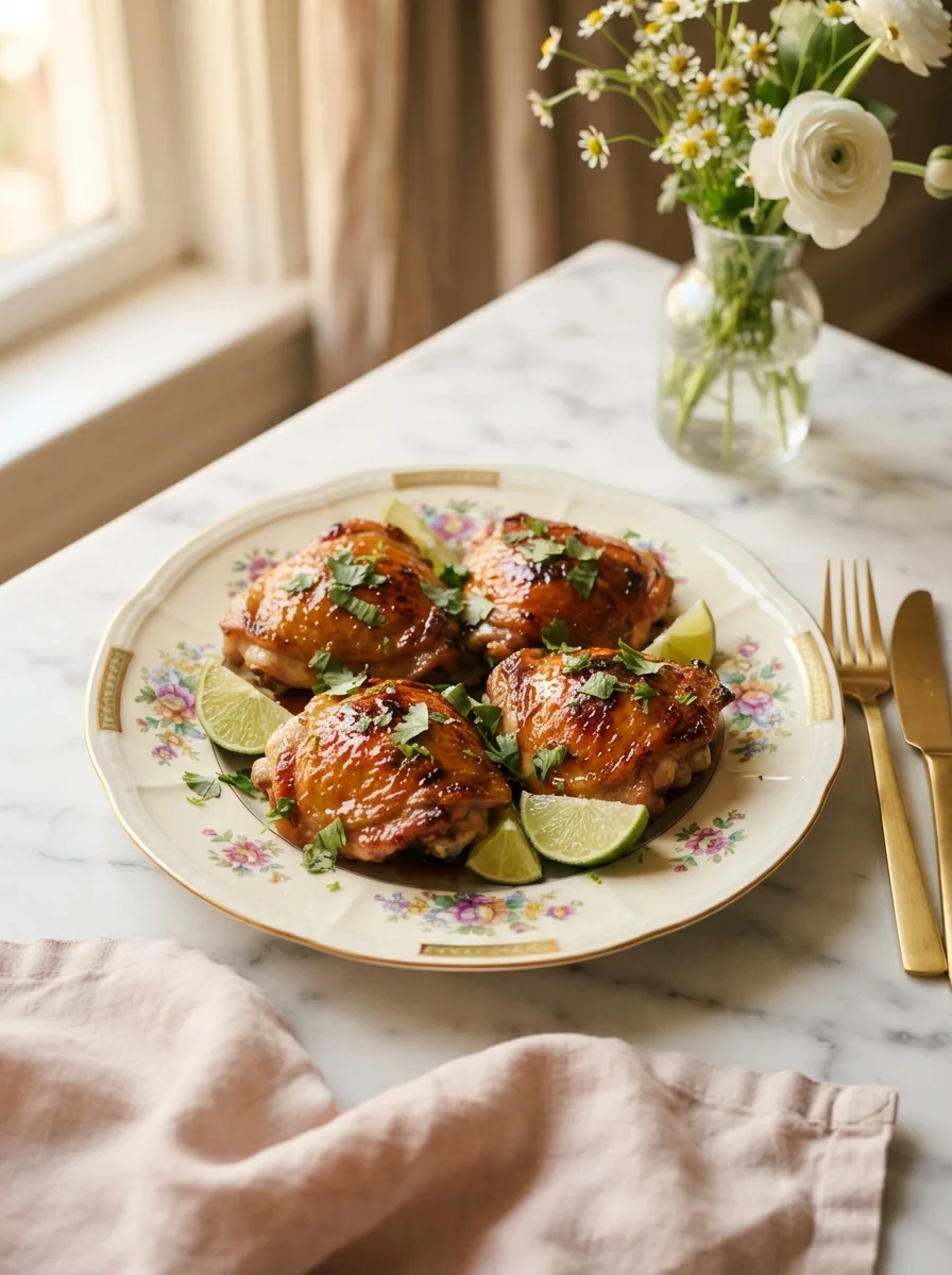 Glossy sticky cilantro lime chicken thighs with lacquered glaze on a floral gold-rim plate