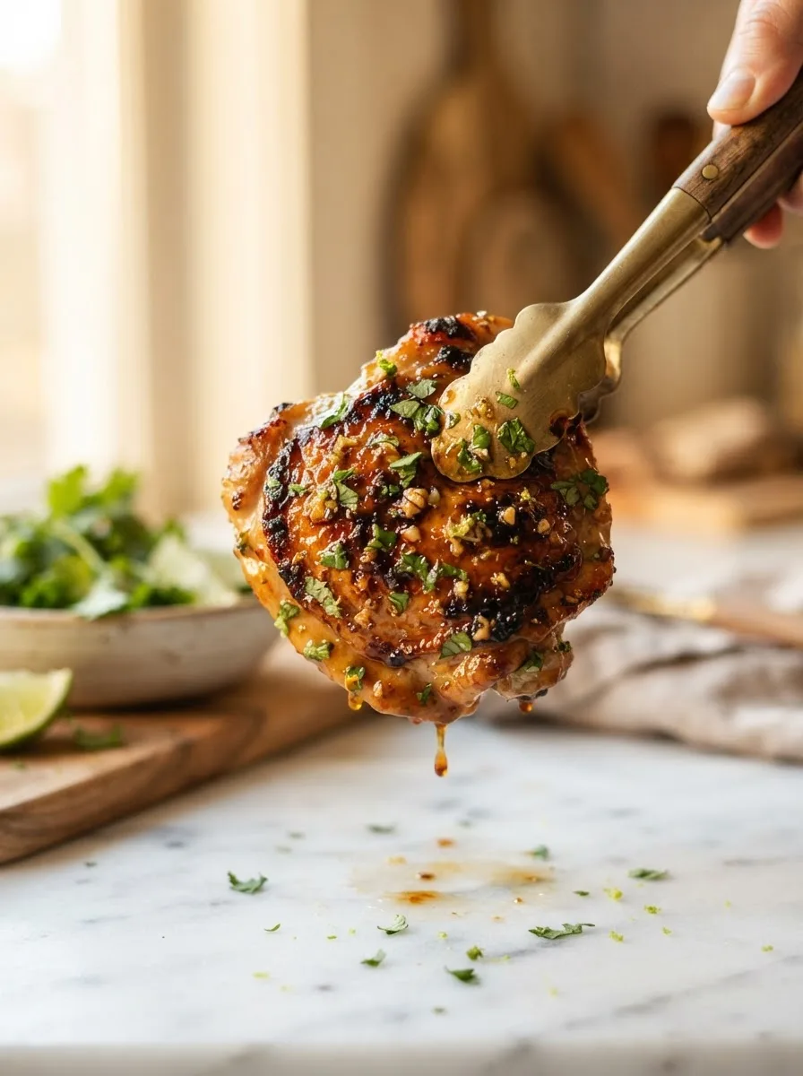 Close-up of glazed chicken thigh skin showing cilantro flecks and glossy lime glaze