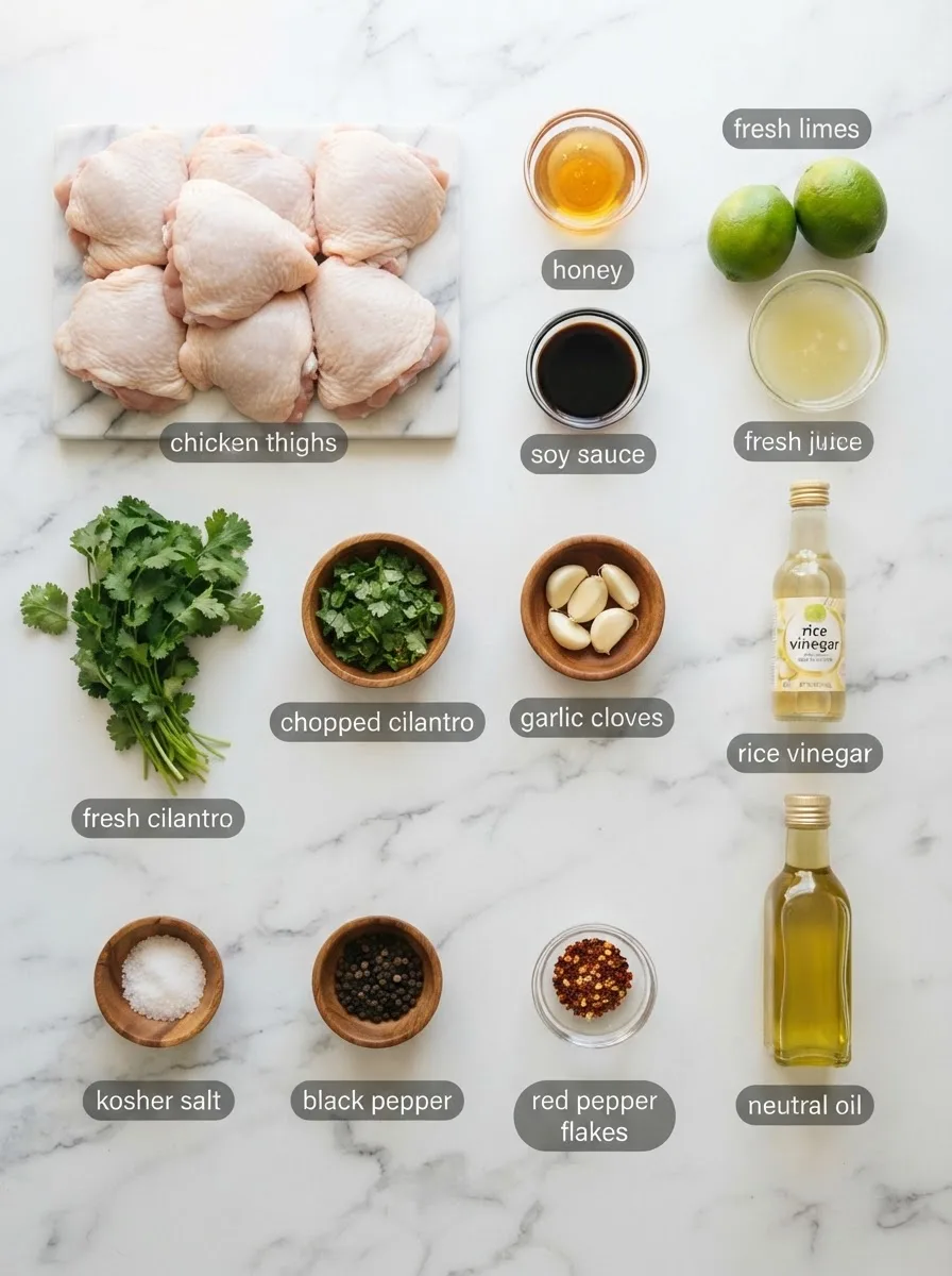 Ingredients for sticky cilantro lime chicken thighs including chicken, lime, cilantro, honey, soy sauce