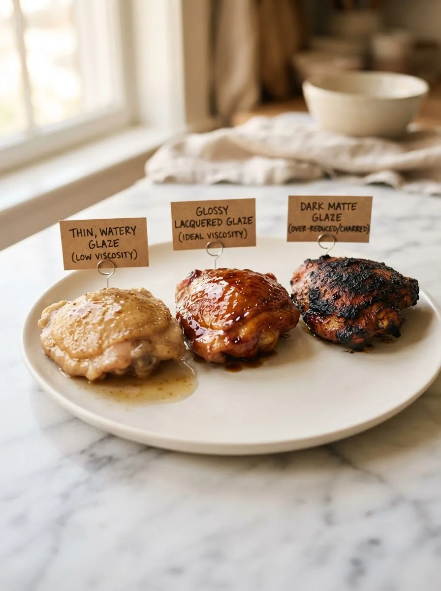 Comparison of chicken glaze reduction times showing thin, glossy, and burnt results