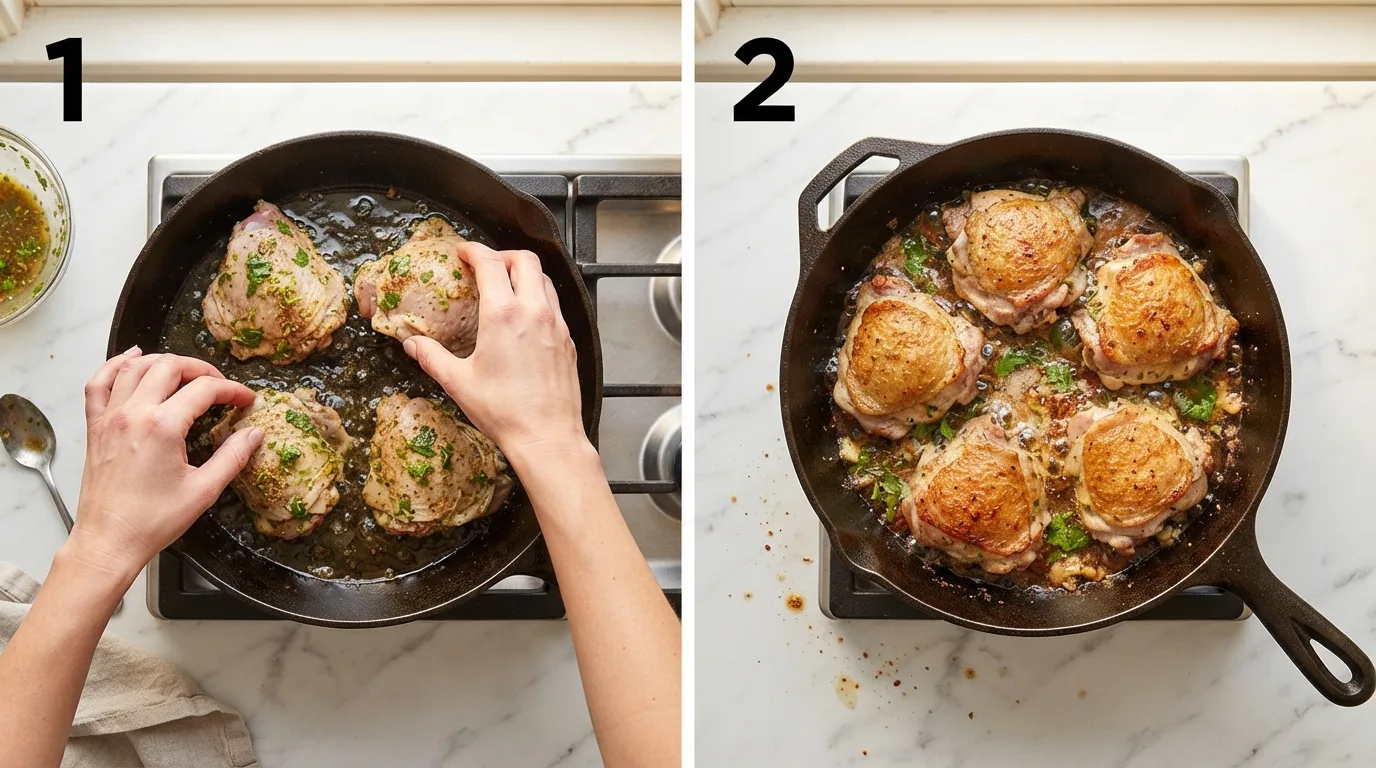 Placing seasoned chicken thighs skin-side down into a hot skillet / Chicken thighs searing skin-side down with rendered fat in cast iron skillet