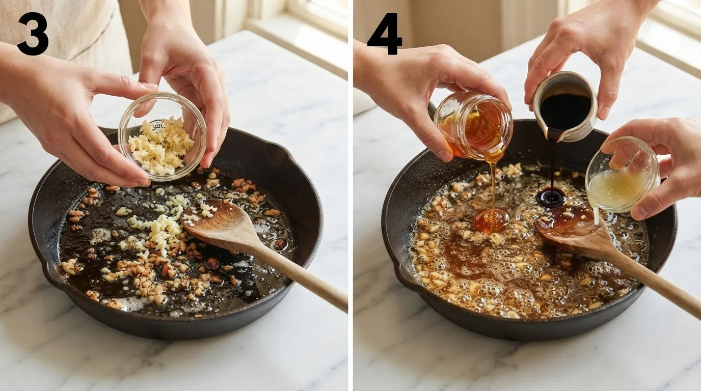 Adding minced garlic to rendered chicken fat in a skillet / Pouring honey, soy sauce, and lime juice into skillet to build glaze
