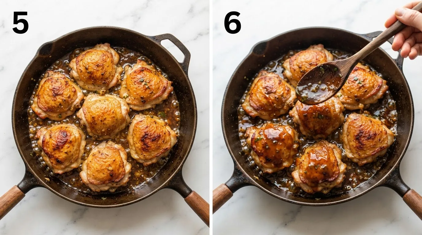 Chicken thighs nestled skin-side up into glossy glaze in the skillet / Spooning glaze over chicken thighs to coat the crispy skin