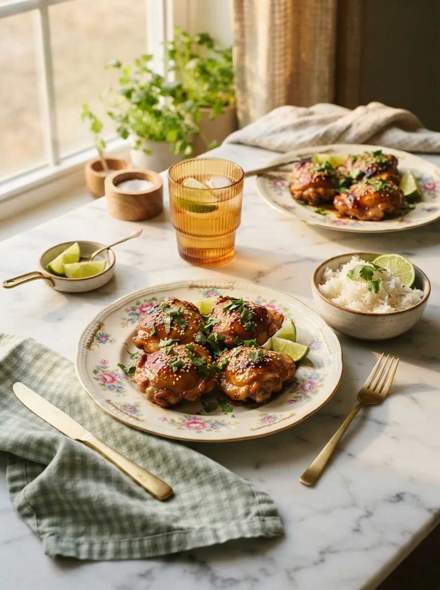 Sticky cilantro lime chicken thighs served with rice at a warm table setting