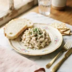 Straub's chicken salad recipe mounded on a floral plate with white bread and crackers