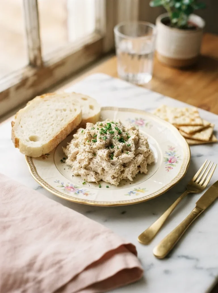 Straub's chicken salad recipe mounded on a floral plate with white bread and crackers