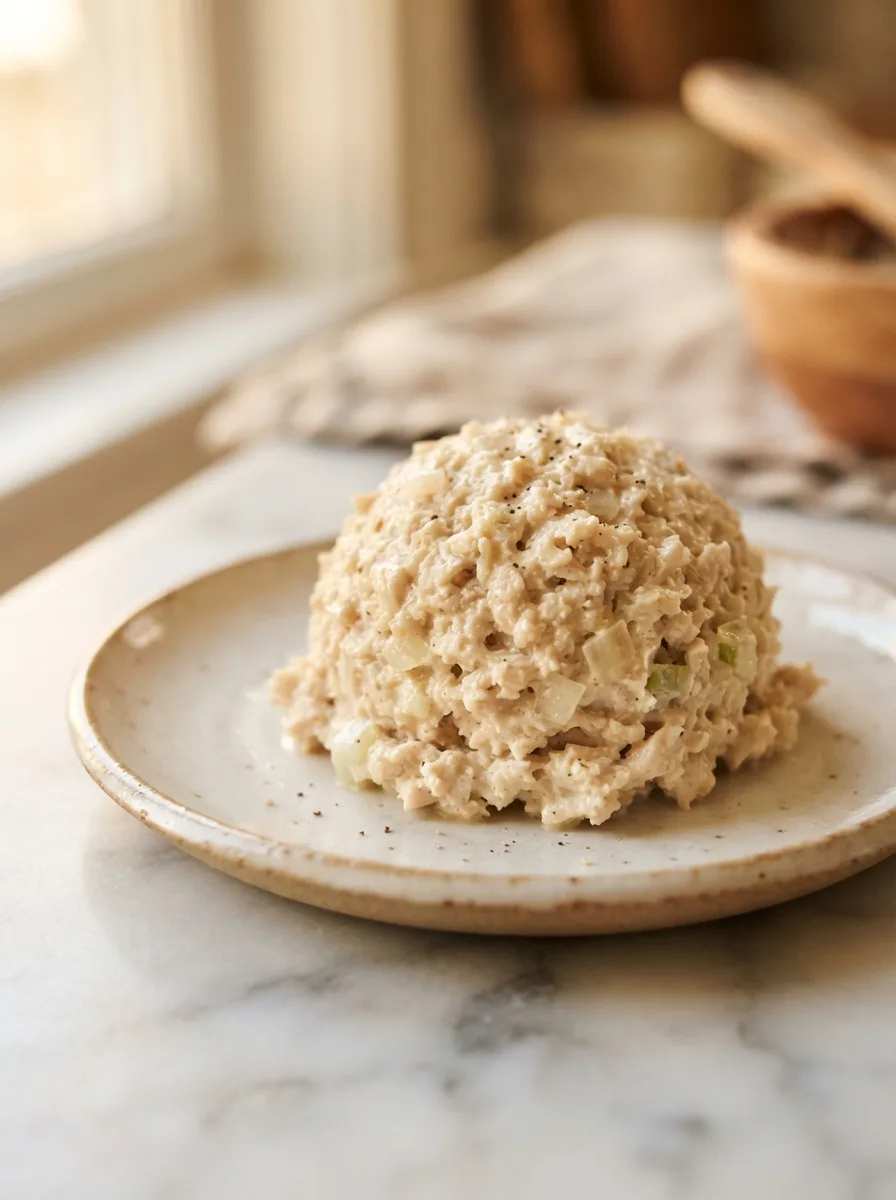 Close-up of finely ground chicken salad texture with visible grated onion flecks