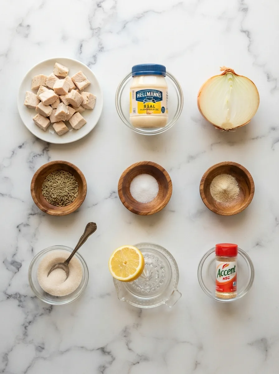Ingredients for straub's chicken salad recipe including chicken, mayonnaise, onion, and celery seed