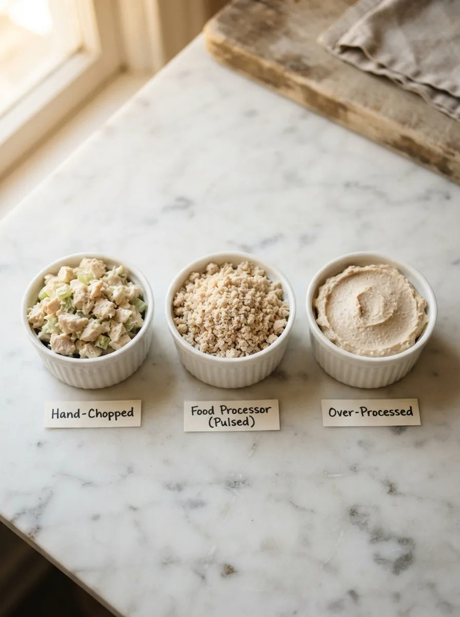 Comparison of hand-chopped, pulsed, and over-processed chicken salad textures