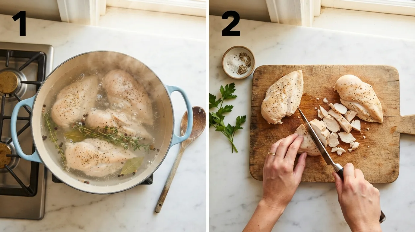 Chicken breasts simmering gently in a pot for chicken salad / Cutting cooled poached chicken into chunks before grinding