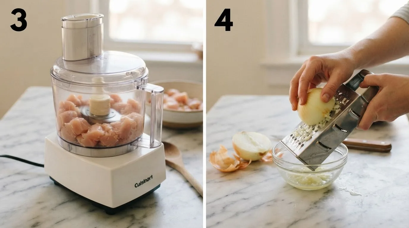 Pulsing chicken chunks in a food processor to a fine, even texture / Grating onion over a glass bowl to catch juice for chicken salad dressing