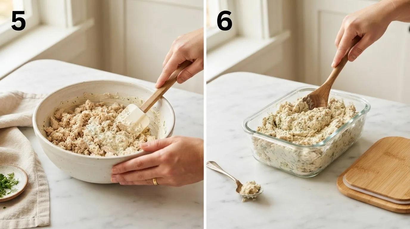 Folding ground chicken into creamy dressing with a rubber spatula / Pressing finished chicken salad into an airtight container for chilling