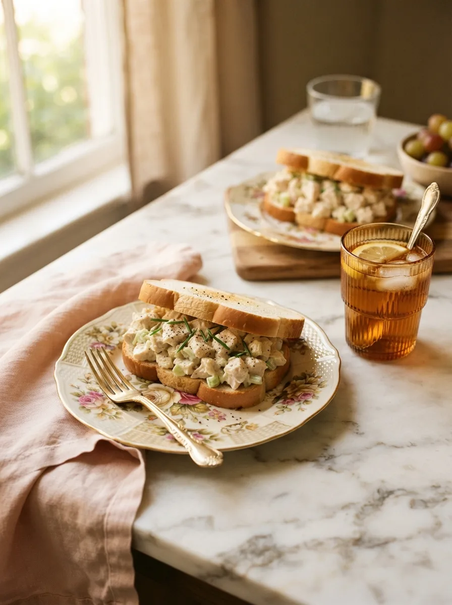 Chicken salad sandwich on white bread served with iced tea